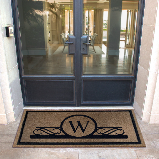 Custom all-weather Infinity doormat in black and tan, fade and shed resistant, perfect for front doors, patios, and high-traffic outdoor areas by RugsThatFit