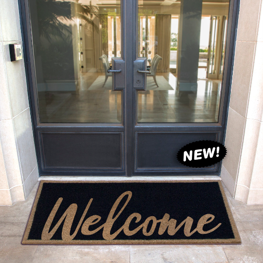Custom all-weather Infinity doormat in black and tan, fade and shed resistant, perfect for front doors, patios, and high-traffic outdoor areas by RugsThatFit