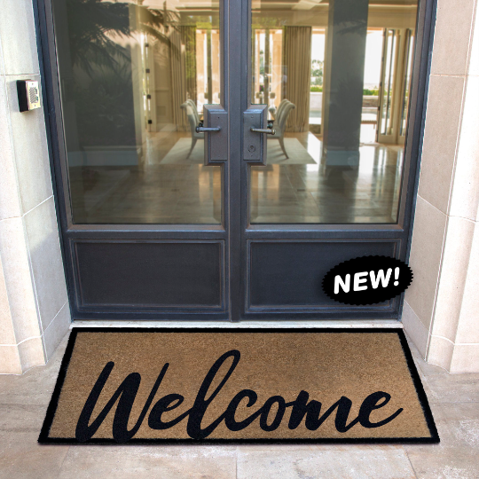 Custom all-weather Infinity doormat in black and tan, fade and shed resistant, perfect for front doors, patios, and high-traffic outdoor areas by RugsThatFit
