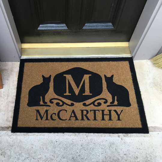 Custom all-weather Infinity doormat in black and tan, fade and shed resistant, perfect for front doors, patios, and high-traffic outdoor areas by RugsThatFit