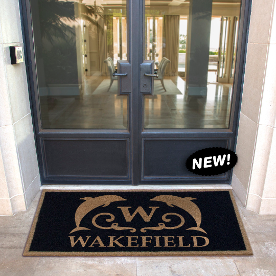 Custom all-weather Infinity doormat in black and tan, fade and shed resistant, perfect for front doors, patios, and high-traffic outdoor areas by RugsThatFit