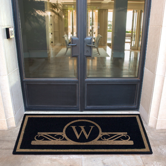 Custom all-weather Infinity doormat in black and tan, fade and shed resistant, perfect for front doors, patios, and high-traffic outdoor areas by RugsThatFit