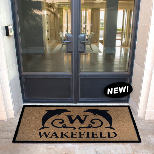 Custom all-weather Infinity doormat in black and tan, fade and shed resistant, perfect for front doors, patios, and high-traffic outdoor areas by RugsThatFit